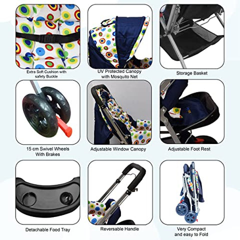 Sunbaby Bloom Stroller/Pram for New Born 0-3 Years,Extra Wide/Thick Cushion seat,2 Food Trays, Reversible Handle,Mosquito Net for Kids/Toddler,Foldable Canopy Stroller