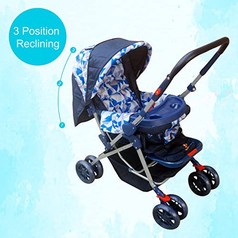Sunbaby Bloom Stroller/Pram for New Born 0-3 Years,Extra Wide/Thick Cushion seat,2 Food Trays, Reversible Handle,Mosquito Net for Kids/Toddler,Foldable Canopy Stroller