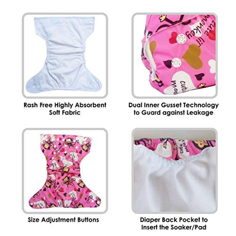 Sunbaby "TICKY BOTTOM" set of 4 Reusable Washable Waterproof Baby Cloth Diaper + Open Pocket Diaper, Adjustable 4 in 1 size for Growing Babies