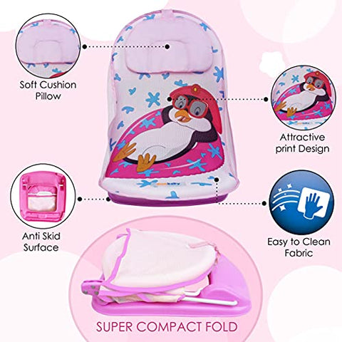Sunbaby"First Bath" Net Deluxe Bather w/Padded Cushion for Baby, Safety Anti Slip Rubber-for Newborn/Infants,Portable Foldable Bathing wash Training Seat for Baby boy, Girl 0-6 Months (Pink)