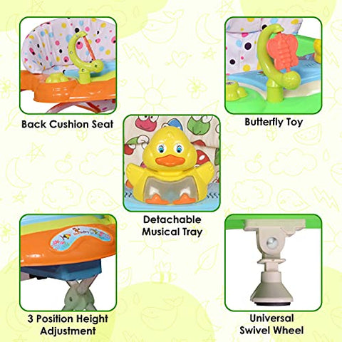 SUNBABY Musical Piano Duck Baby Rocking Walker, Height Adjustable, Light & Musical Toys, Rattles, Double Stitching Soft Cushioned Seat , Age 6-24 Months.(Green-Orange)