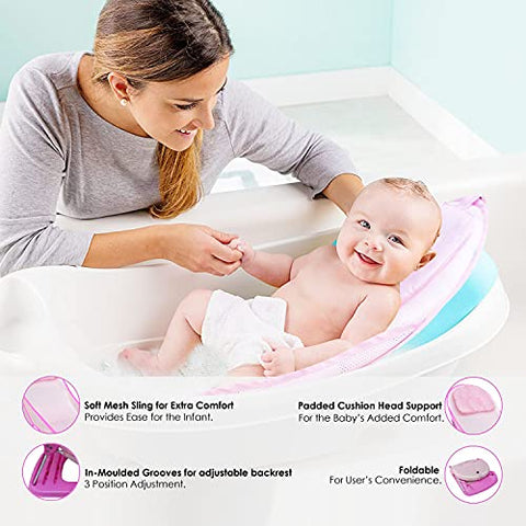 Sunbaby"First Bath" Net Deluxe Bather w/Padded Cushion for Baby, Safety Anti Slip Rubber-for Newborn/Infants,Portable Foldable Bathing wash Training Seat for Baby boy, Girl 0-6 Months (Pink)