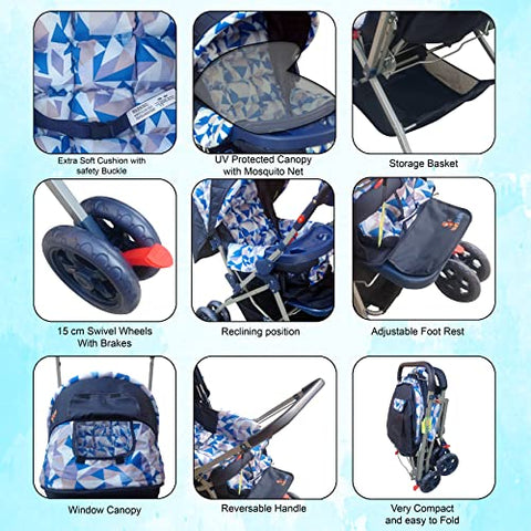 Sunbaby Bloom Stroller/Pram for New Born 0-3 Years,Extra Wide/Thick Cushion seat,2 Food Trays, Reversible Handle,Mosquito Net for Kids/Toddler,Foldable Canopy Stroller