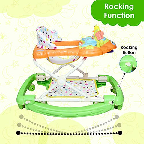 SUNBABY Musical Piano Duck Baby Rocking Walker, Height Adjustable, Light & Musical Toys, Rattles, Double Stitching Soft Cushioned Seat , Age 6-24 Months.(Green-Orange)