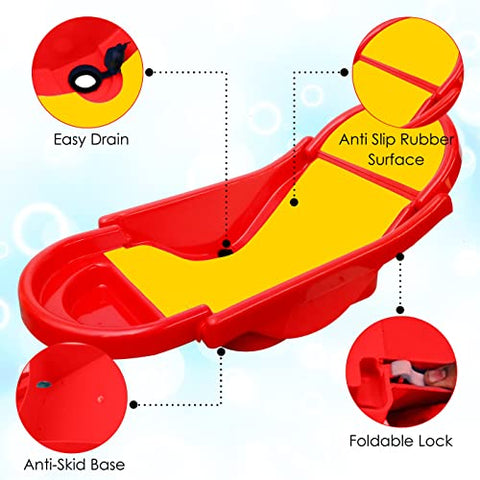 SUNBABY "Pure Love Foldable Baby Bather" Inclined Anti-Slip Foam for Body & Head Support, Plastic Bath Baby Shower, Plug for Water Drainage, Easy Dry, Foldable, Age 0-6 Month (Blue)