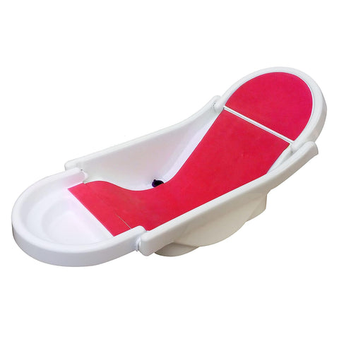 SUNBABY "Pure Love Foldable Baby Bather" Inclined Anti-Slip Foam for Body & Head Support, Plastic Bath Baby Shower, Plug for Water Drainage, Easy Dry, Foldable, Age 0-6 Month (White-RED)