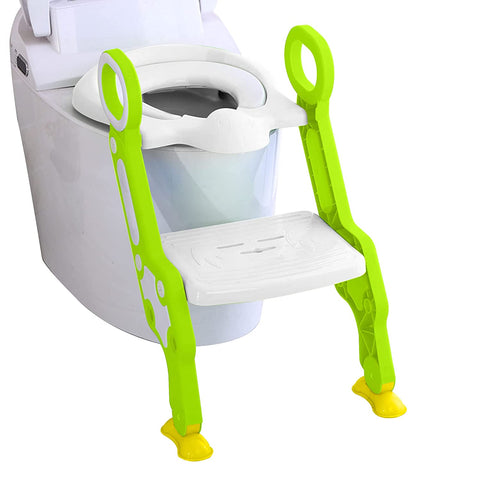 Sunbaby Foldable Potty-Trainer Seat for Toilet Potty Stand with Ladder Step Up Training Stool with Non-Slip Steps Ladder Adjustable Foldable for Boys Girls Toddlers Kids (White-Green)