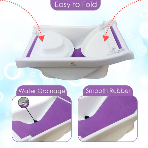 SUNBABY "Pure Love Foldable Baby Bather" Inclined Anti-Slip Foam for Body & Head Support, Plastic Bath Baby Shower, Plug for Water Drainage, Easy Dry, Foldable, Age 0-6 Month (White-Purple)
