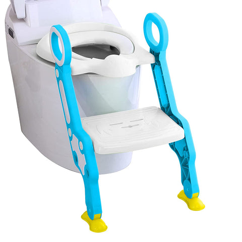 Sunbaby Foldable Potty-Trainer Seat for Toilet Potty Stand with Ladder Step Up Training Stool with Non-Slip Steps Ladder Adjustable Foldable for Boys Girls Toddlers Kids (White-Blue)