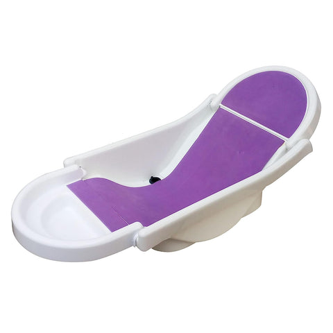 SUNBABY "Pure Love Foldable Baby Bather" Inclined Anti-Slip Foam for Body & Head Support, Plastic Bath Baby Shower, Plug for Water Drainage, Easy Dry, Foldable, Age 0-6 Month (White-Purple)