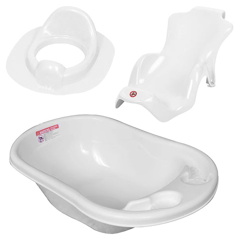 Sunbaby Combo of Baby Anti-Skid Bathtub with Newborn Bather Sling Chair and Infant Potty Seat –Pack of 3 (White)