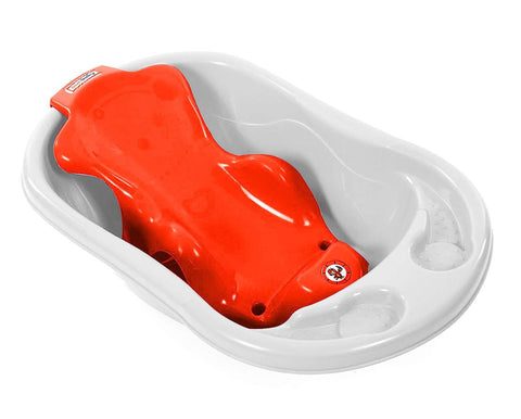 Sunbaby Baby Anti Slip Big Plastic Bathtub with Bath Toddler Seat Sling Non Slip Suction for Bathing,Baby Shower,Bubble Bath (White-Red)