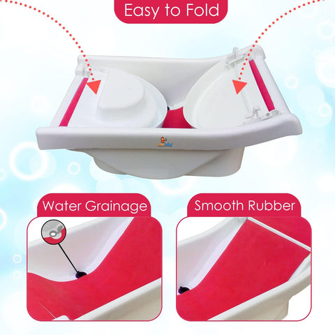 SUNBABY "Pure Love Foldable Baby Bather" Inclined Anti-Slip Foam for Body & Head Support, Plastic Bath Baby Shower, Plug for Water Drainage, Easy Dry, Foldable, Age 0-6 Month (White-RED)