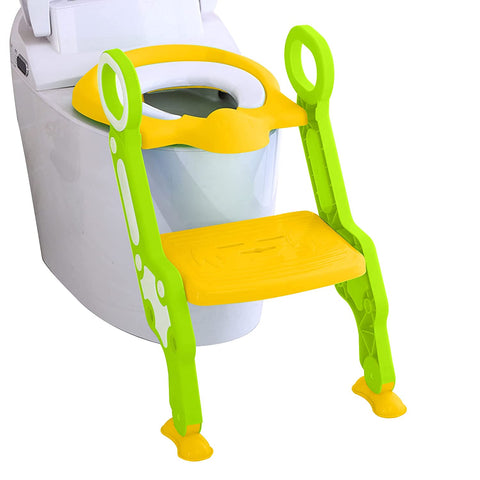 Sunbaby Foldable Potty-Trainer Seat for Toilet Potty Stand with Ladder Step Up Training Stool with Non-Slip Steps Ladder Adjustable Foldable for Boys Girls Toddlers Kids (Yellow-Green)