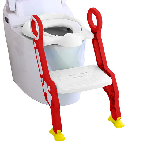 Sunbaby Foldable Potty-Trainer Seat for Toilet Potty Stand with Ladder Step Up Training Stool with Non-Slip Steps Ladder Adjustable Foldable for Boys Girls Toddlers Kids (White-RED)