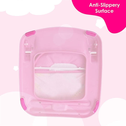 Sunbaby"First Bath" Net Deluxe Bather w/Padded Cushion for Baby, Safety Anti Slip Rubber-for Newborn/Infants,Portable Foldable Bathing wash Training Seat for Baby boy, Girl 0-6 Months (Pink)