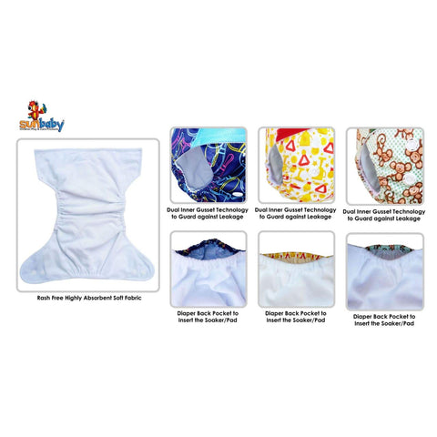 Sunbaby "TicklyBottom" Reusable Washable Waterproof Baby Cloth Diaper +1 Dryfeel highly absorbent Insert Pack of 3