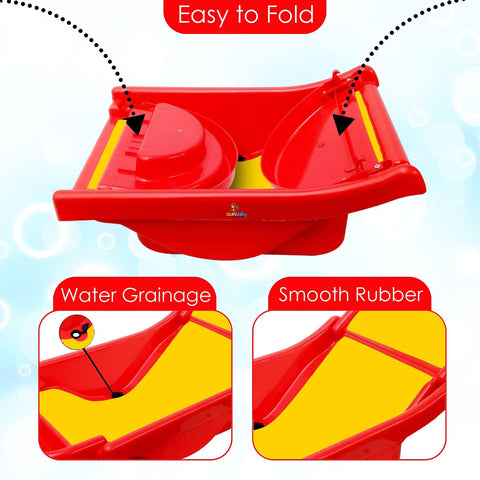 SUNBABY "Pure Love Foldable Baby Bather" Inclined Anti-Slip Foam for Body & Head Support, Plastic Bath Baby Shower, Plug for Water Drainage, Easy Dry, Foldable, Age 0-6 Month (RED-Yellow)