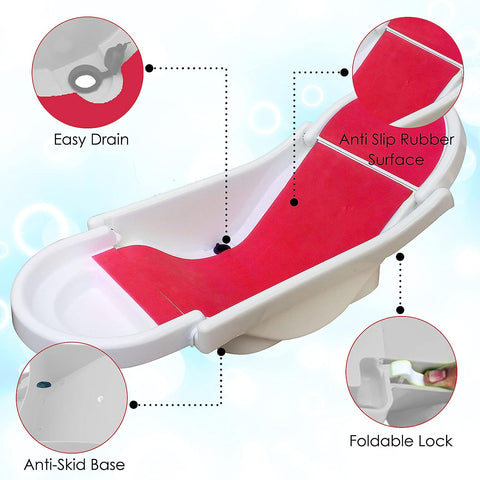 SUNBABY "Pure Love Foldable Baby Bather" Inclined Anti-Slip Foam for Body & Head Support, Plastic Bath Baby Shower, Plug for Water Drainage, Easy Dry, Foldable, Age 0-6 Month (White-RED)