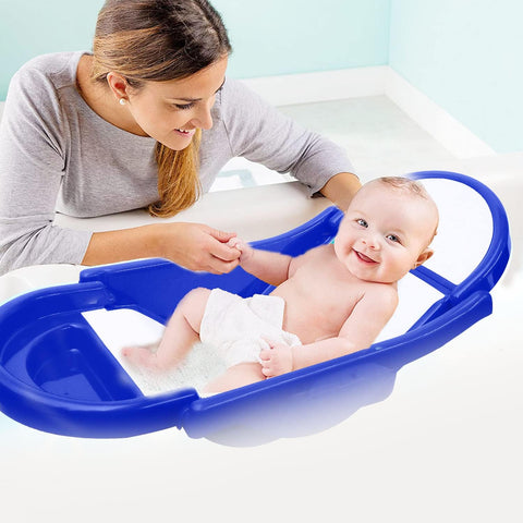 SUNBABY "Pure Love Foldable Baby Bather" Inclined Anti-Slip Foam for Body & Head Support, Plastic Bath Baby Shower, Plug for Water Drainage, Easy Dry, Foldable, Age 0-6 Month (Blue-White)