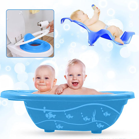 Sunbaby Combo of Baby Anti-Skid Bathtub with Newborn Bather Sling Chair and Infant Potty Seat –Pack of 3 (Blue)