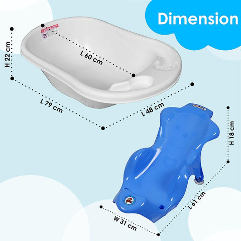 Sunbaby Baby Anti Slip Big Plastic Bathtub with Bath Toddler Seat Sling Non Slip Suction for Bathing,Baby Shower,Bubble Bath (White-Blue)