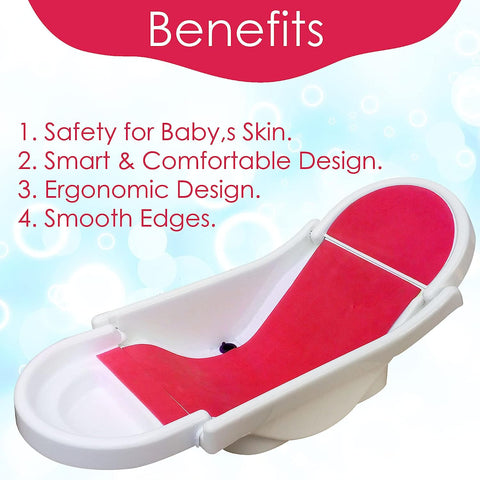 SUNBABY "Pure Love Foldable Baby Bather" Inclined Anti-Slip Foam for Body & Head Support, Plastic Bath Baby Shower, Plug for Water Drainage, Easy Dry, Foldable, Age 0-6 Month (White-RED)