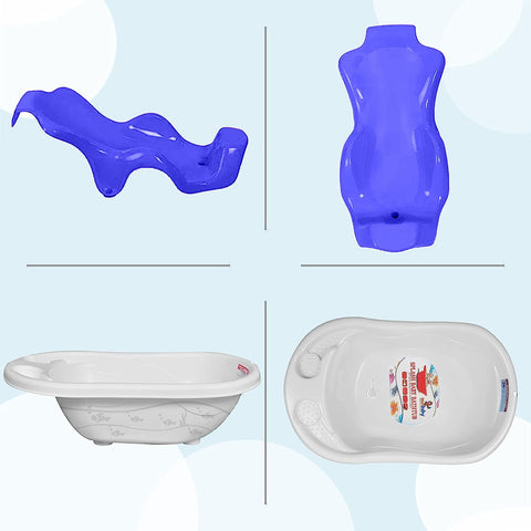 Sunbaby Baby Anti Slip Big Plastic Bathtub with Bath Toddler Seat Sling Non Slip Suction for Bathing,Baby Shower,Bubble Bath (White-Blue)