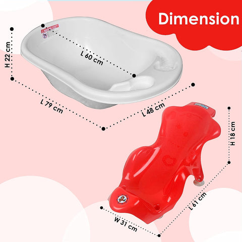 Sunbaby Baby Anti Slip Big Plastic Bathtub with Bath Toddler Seat Sling Non Slip Suction for Bathing,Baby Shower,Bubble Bath (White-Red)