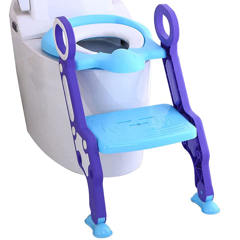 Sunbaby Foldable Potty-Trainer Seat for Toilet Potty Stand with Ladder Step Up Training Stool with Non-Slip Steps Ladder Adjustable Foldable for Boys Girls Toddlers Kid (Blue)