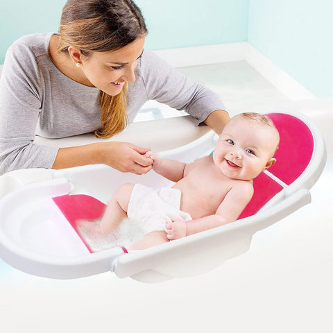 SUNBABY "Pure Love Foldable Baby Bather" Inclined Anti-Slip Foam for Body & Head Support, Plastic Bath Baby Shower, Plug for Water Drainage, Easy Dry, Foldable, Age 0-6 Month (White-RED)