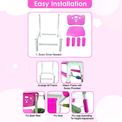 Sunbaby Kids Chair (Height Adjustable/Flexible) Strong Frame, Study Chairs, Portable, Kids Furniture Broad Wide Seating, Correct Posture Supports Back Ergonomic Design (Pink)