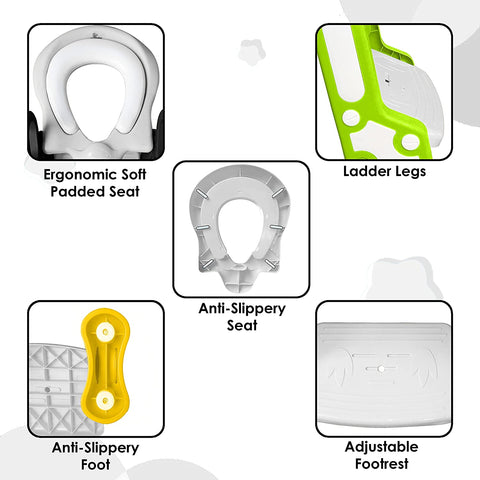 Sunbaby Foldable Potty-Trainer Seat for Toilet Potty Stand with Ladder Step Up Training Stool with Non-Slip Steps Ladder Adjustable Foldable for Boys Girls Toddlers Kids (White-Green)