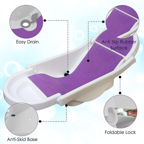 SUNBABY "Pure Love Foldable Baby Bather" Inclined Anti-Slip Foam for Body & Head Support, Plastic Bath Baby Shower, Plug for Water Drainage, Easy Dry, Foldable, Age 0-6 Month (White-Purple)