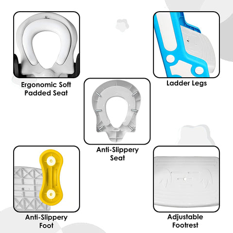 Sunbaby Foldable Potty-Trainer Seat for Toilet Potty Stand with Ladder Step Up Training Stool with Non-Slip Steps Ladder Adjustable Foldable for Boys Girls Toddlers Kids (White-Blue)