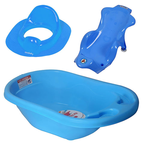 Sunbaby Combo of Baby Anti-Skid Bathtub with Newborn Bather Sling Chair and Infant Potty Seat –Pack of 3 (Blue)