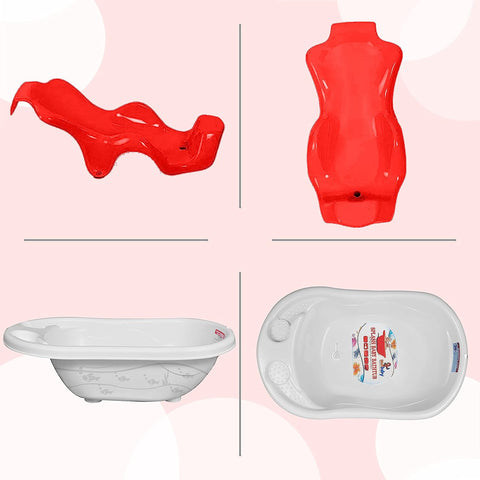 Sunbaby Baby Anti Slip Big Plastic Bathtub with Bath Toddler Seat Sling Non Slip Suction for Bathing,Baby Shower,Bubble Bath (White-Red)