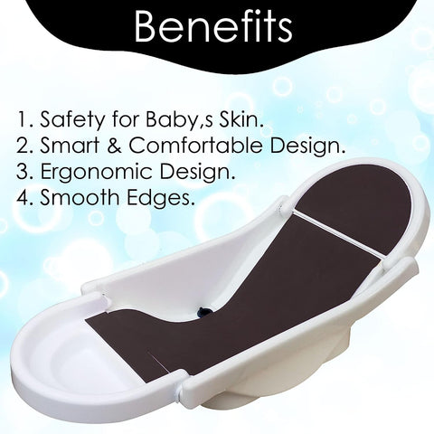 SUNBABY "Pure Love Foldable Baby Bather" Inclined Anti-Slip Foam for Body & Head Support, Plastic Bath Baby Shower, Plug for Water Drainage, Easy Dry, Foldable, Age 0-6 Month (White-Black)