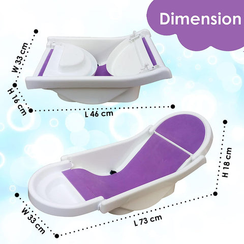 SUNBABY "Pure Love Foldable Baby Bather" Inclined Anti-Slip Foam for Body & Head Support, Plastic Bath Baby Shower, Plug for Water Drainage, Easy Dry, Foldable, Age 0-6 Month (White-Purple)