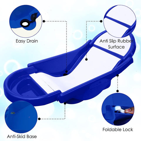 SUNBABY "Pure Love Foldable Baby Bather" Inclined Anti-Slip Foam for Body & Head Support, Plastic Bath Baby Shower, Plug for Water Drainage, Easy Dry, Foldable, Age 0-6 Month (Blue-White)