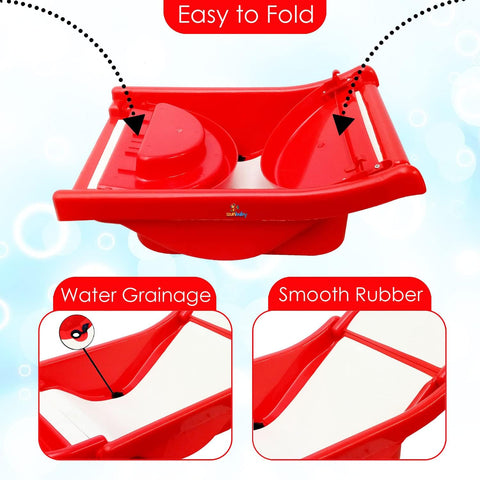 SUNBABY "Pure Love Foldable Baby Bather" Inclined Anti-Slip Foam for Body & Head Support, Plastic Bath Baby Shower, Plug for Water Drainage, Easy Dry, Foldable, Age 0-6 Month (RED-White)
