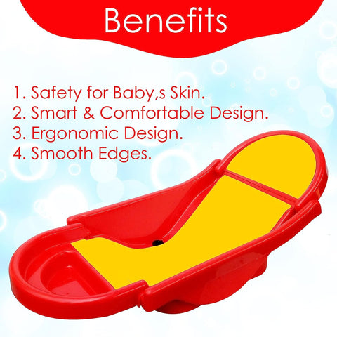 SUNBABY "Pure Love Foldable Baby Bather" Inclined Anti-Slip Foam for Body & Head Support, Plastic Bath Baby Shower, Plug for Water Drainage, Easy Dry, Foldable, Age 0-6 Month (RED-Yellow)