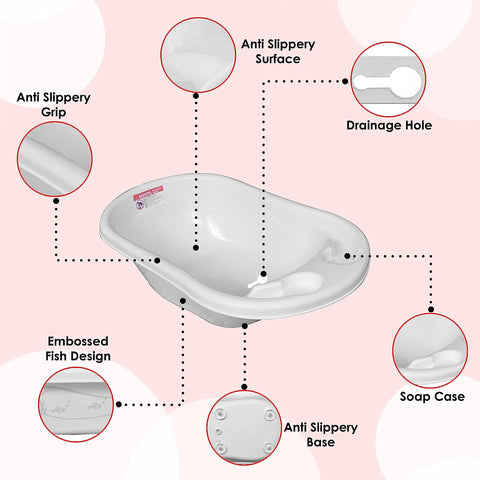 Sunbaby Baby Anti Slip Big Plastic Bathtub with Bath Toddler Seat Sling Non Slip Suction for Bathing,Baby Shower,Bubble Bath (White-Red)