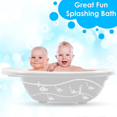 Sunbaby Baby Anti Slip Big Plastic Bathtub with Bath Toddler Seat Sling Non Slip Suction for Bathing,Baby Shower,Bubble Bath (White-Blue)