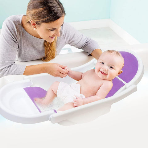 SUNBABY "Pure Love Foldable Baby Bather" Inclined Anti-Slip Foam for Body & Head Support, Plastic Bath Baby Shower, Plug for Water Drainage, Easy Dry, Foldable, Age 0-6 Month (White-Purple)