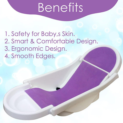 SUNBABY "Pure Love Foldable Baby Bather" Inclined Anti-Slip Foam for Body & Head Support, Plastic Bath Baby Shower, Plug for Water Drainage, Easy Dry, Foldable, Age 0-6 Month (White-Purple)