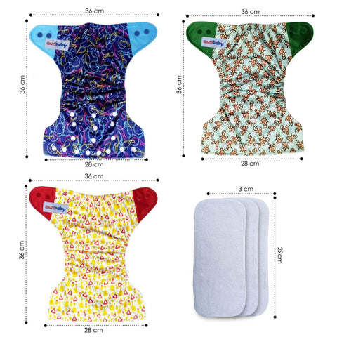Sunbaby "TicklyBottom" Reusable Washable Waterproof Baby Cloth Diaper +1 Dryfeel highly absorbent Insert Pack of 3