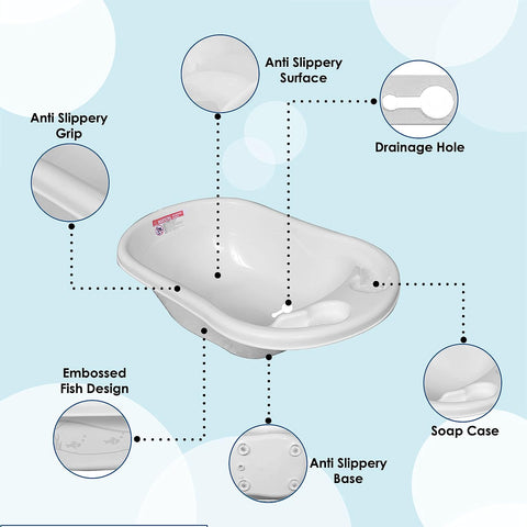 Sunbaby Baby Anti Slip Big Plastic Bathtub with Bath Toddler Seat Sling Non Slip Suction for Bathing,Baby Shower,Bubble Bath (White-Blue)