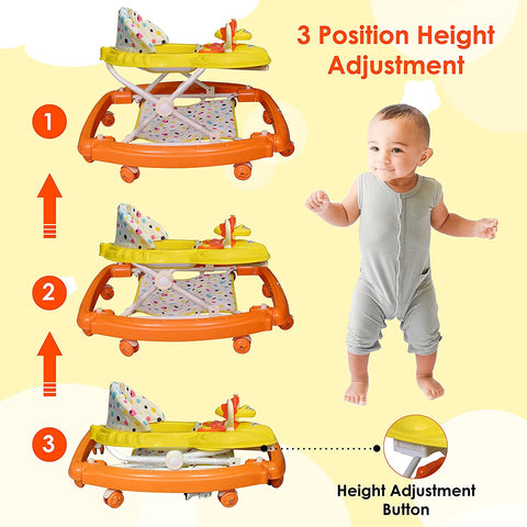 SUNBABY Rideon Baby Rocking Walker w/ High Quality, Strong, Safety Standards, Height Adjustable, w/ Light & Musical Toys, Rattles, Double Stitching Seat, Stopper, w/ Push Bar, Kids Walker for Baby Cycle, for 6-24 months (YELLOW-ORANGE)