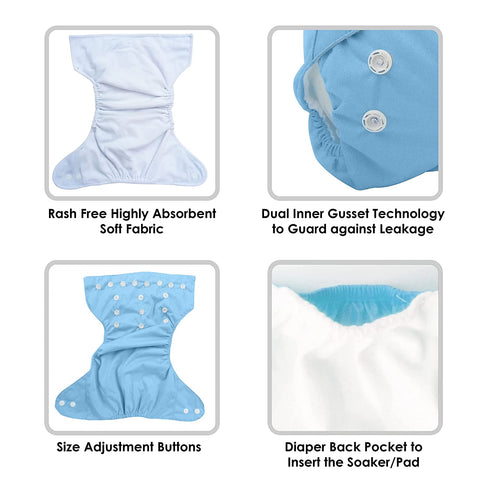 Sunbaby "TicklyBottom" Reusable Washable Waterproof Baby Cloth Diaper BLUE-RED (SET OF 4-WITHOUT PAD)
